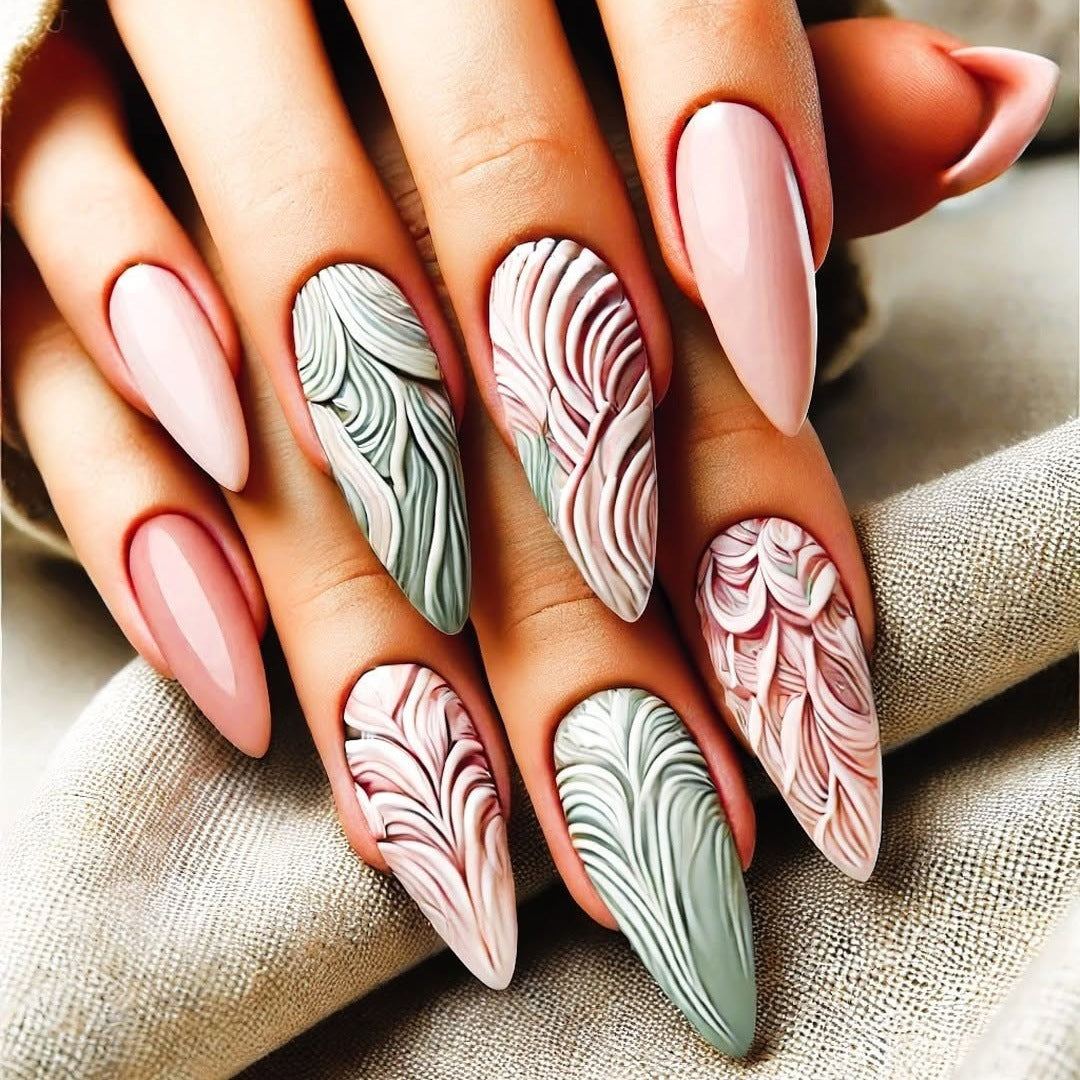 Artificial Nails Set with Modern Marble and Flower Patterns Acalora