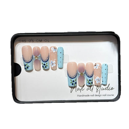 Artistic Press-On Nail Set with Floral and Geometric Design Acalora