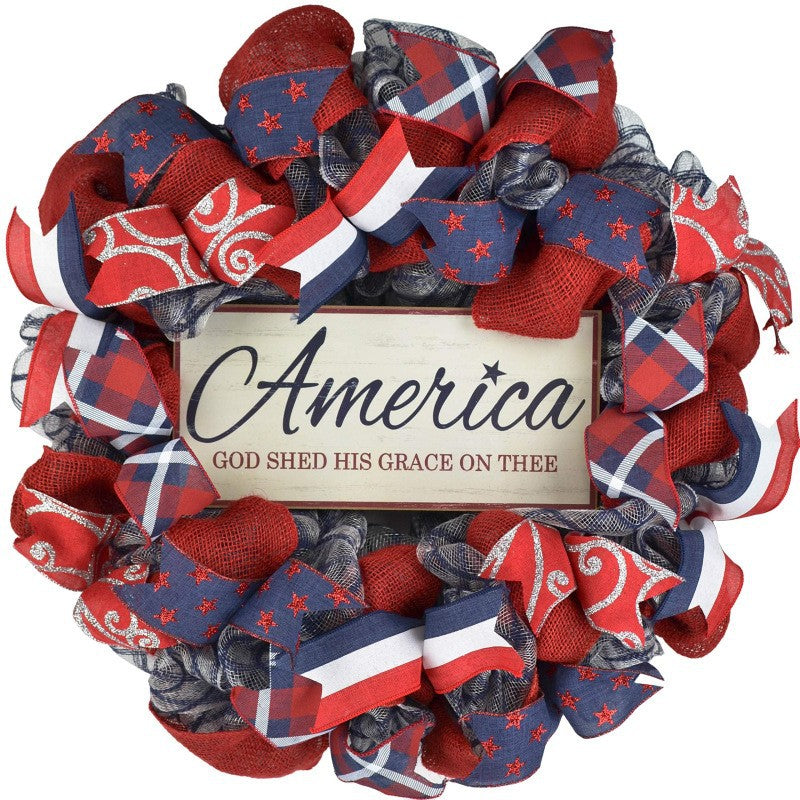 Unisex nan handcrafted Americana medallion wreath with layered deco mesh ribbons star motif bows and rustic sign Bowlift