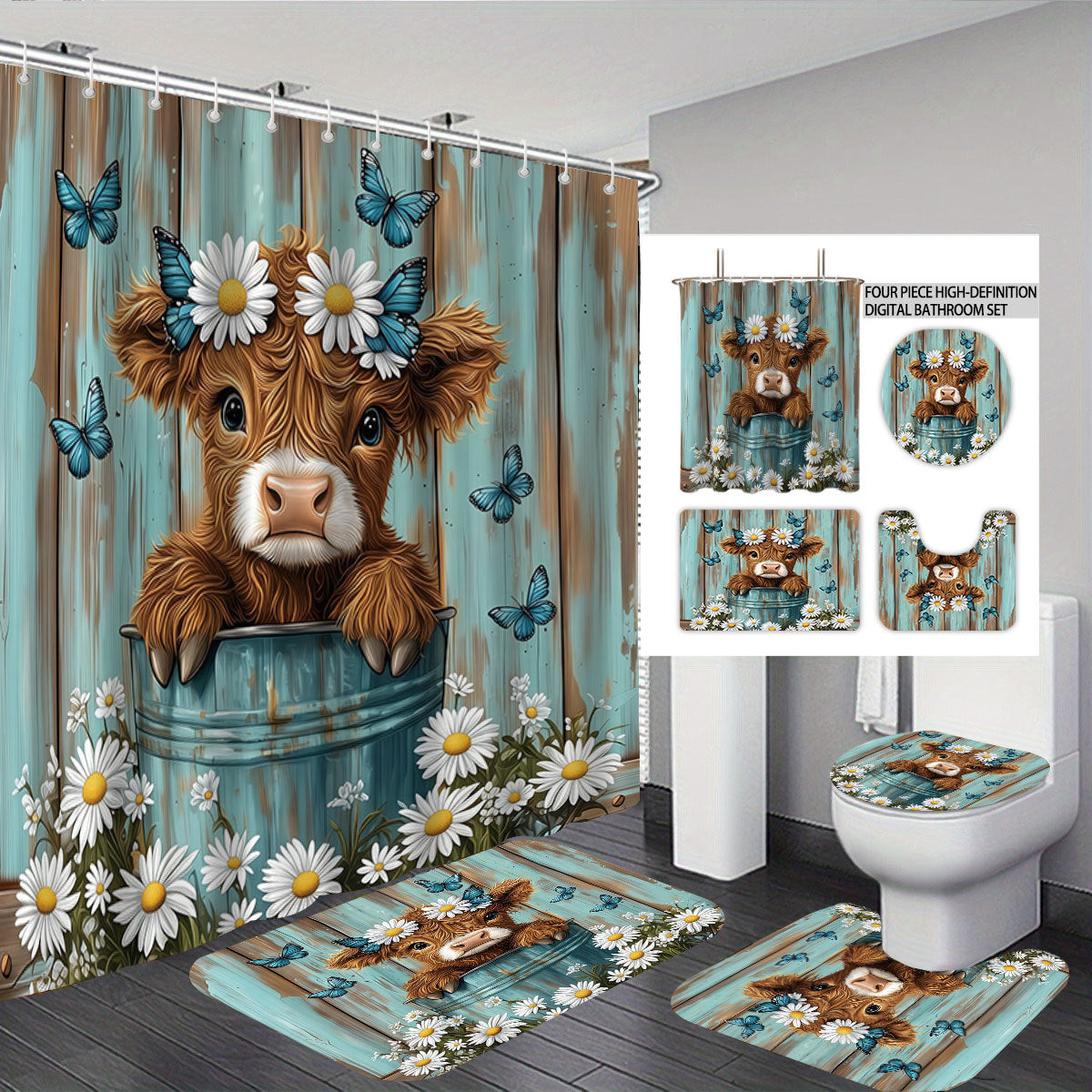 Cute Cow-Themed Digital Bathroom Set