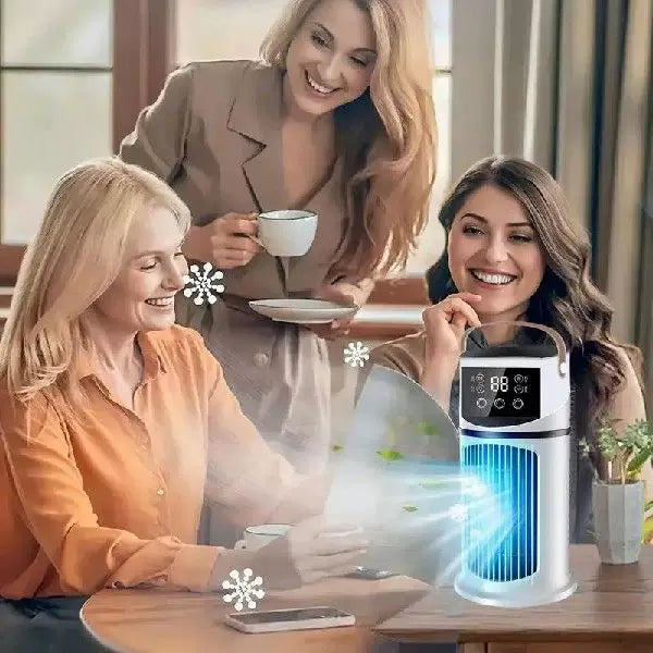 Unisex One Size rechargeable tower climate fan with Touch-LED control, integrated humidifying reservoir, and leather carrying handle Brehn