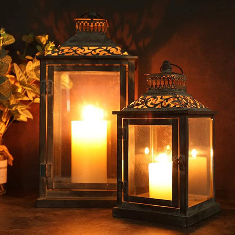 Ornate Distressed Wooden and Metal Glass-Paneled Decorative Lantern Acalora