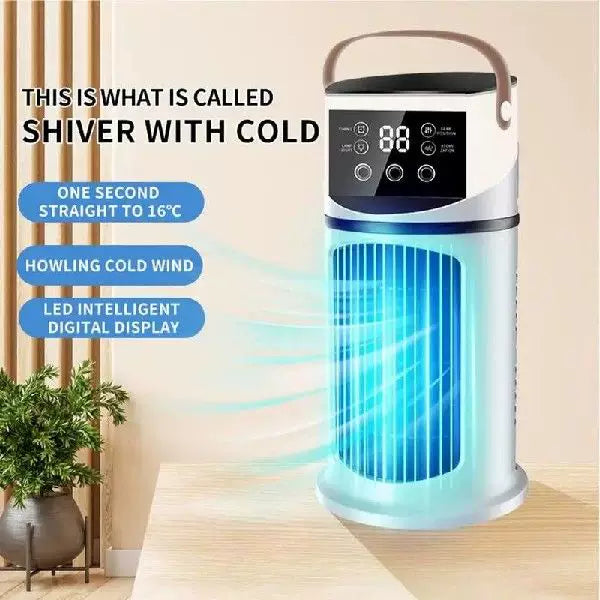 Unisex One Size rechargeable tower climate fan with Touch-LED control, integrated humidifying reservoir, and leather carrying handle Brehn