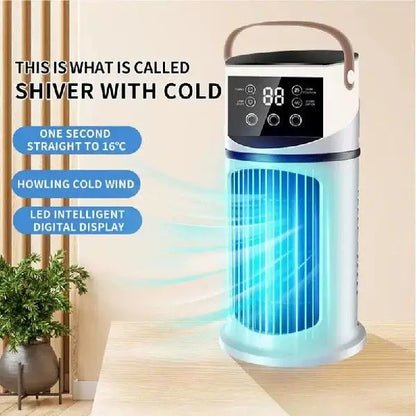 Unisex One Size rechargeable tower climate fan with Touch-LED control, integrated humidifying reservoir, and leather carrying handle Brehn