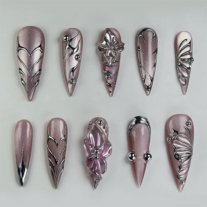 Artistic Press-On Nail Set with Intricate Floral Designs Acalora