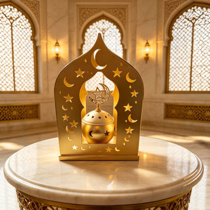 Ornate Metal Crescent-Star Tabletop Lantern with Rotating Incense Burner Acalora