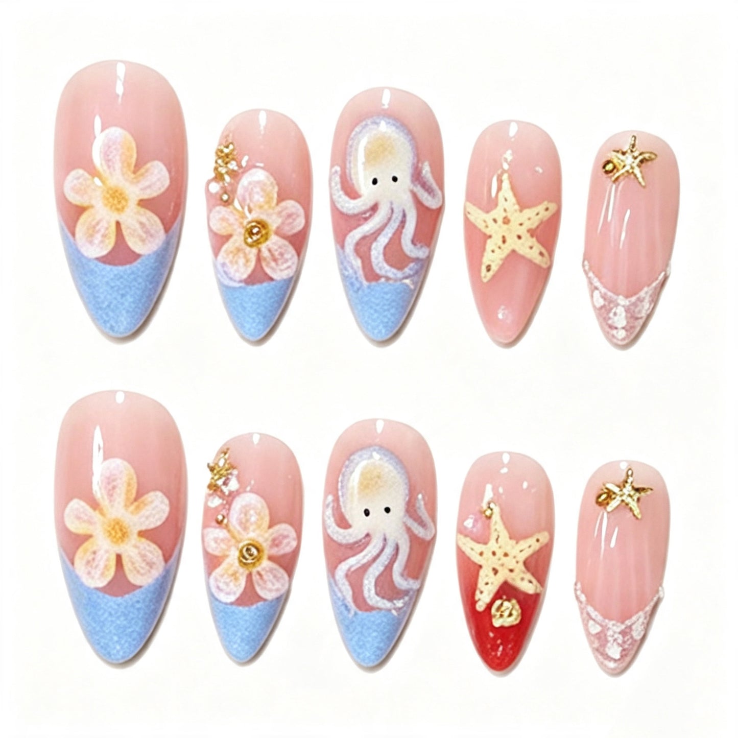 Ocean-Inspired Press-On Nail Art Design Acalora