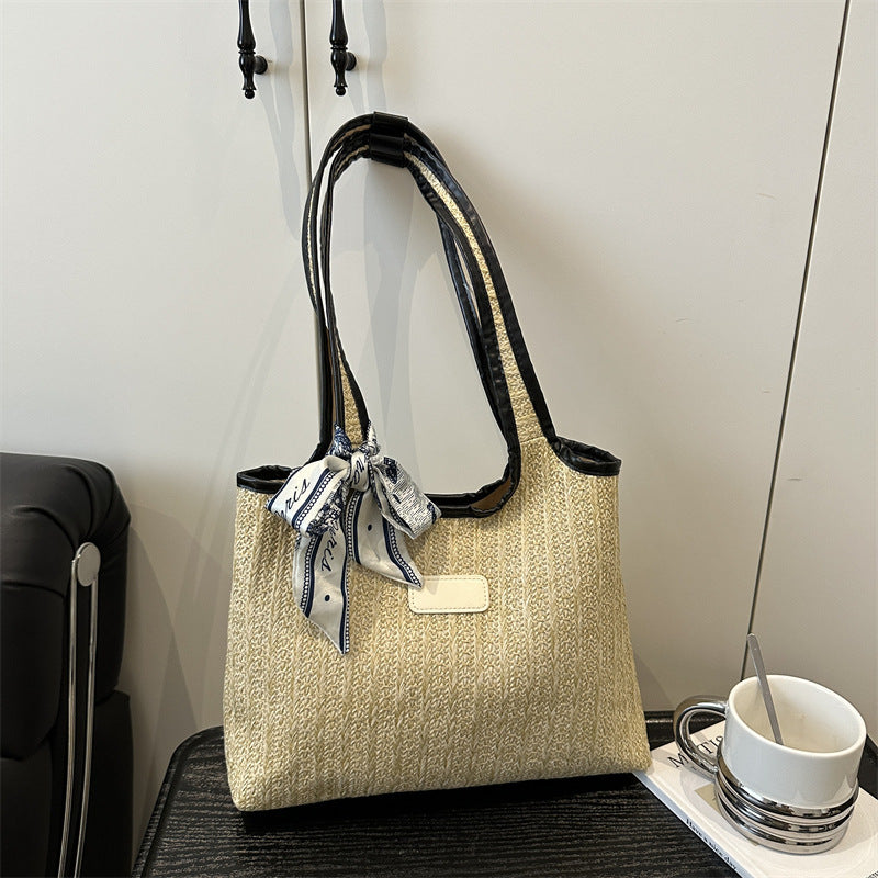 Textured Weave Tote Bag with Elegant Bow Acalora