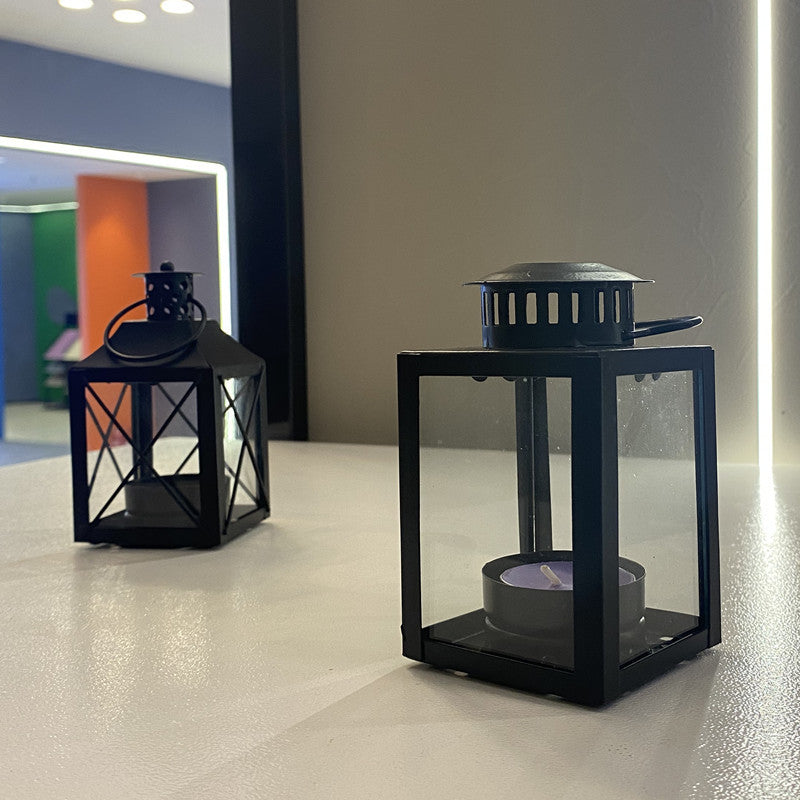 Mini Metal Tea Light Lantern with Glass Panels and Foldable Carry Handle Acalora