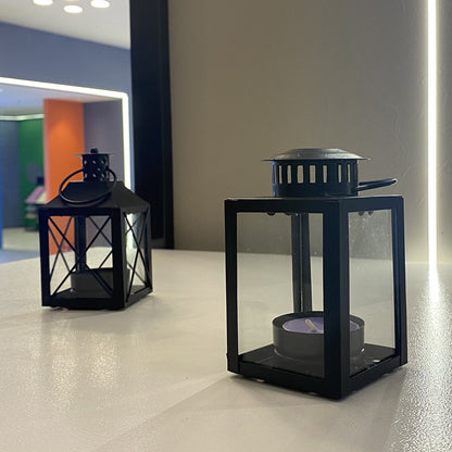Mini Metal Tea Light Lantern with Glass Panels and Foldable Carry Handle Acalora