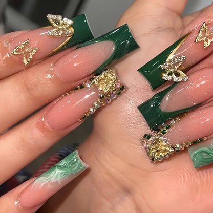 Artistic Press-On Nail Art with Gemstone and Butterfly Accents Acalora