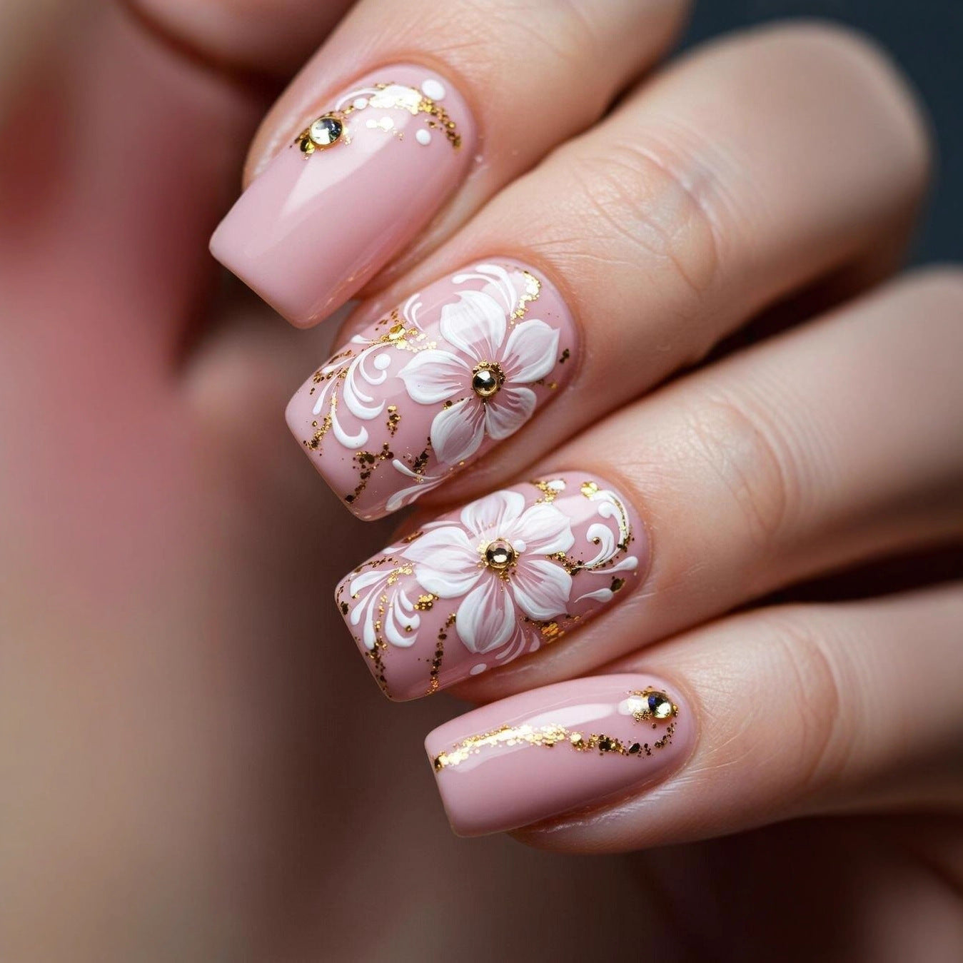 Artificial nails in a playful flower design with glittering accents Acalora