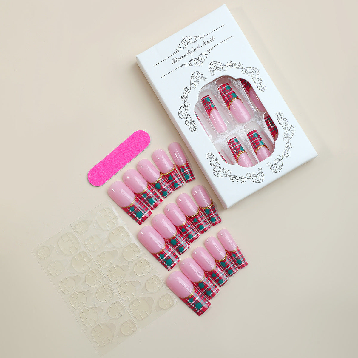 Artistic Press-On Nail Set with Plaid and Gold Accents Acalora