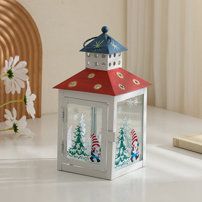 Decorative Holiday Gnome Lantern with Star-Cut Roof and Glass Panel Candle Holder Acalora