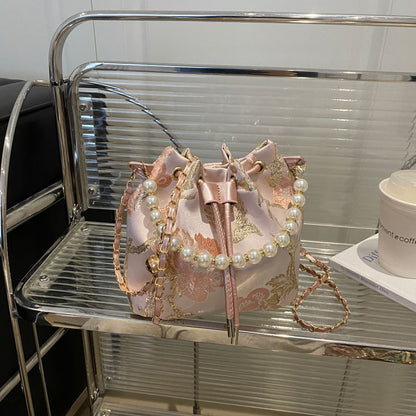 Elegant Floral Print Drawstring Bucket Bag Acalora