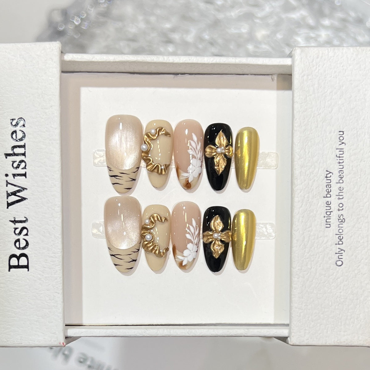 Artistic Press-On Nail Set with Decorative Floral Elements Acalora