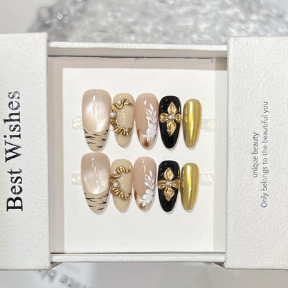 Artistic Press-On Nail Set with Decorative Floral Elements Acalora