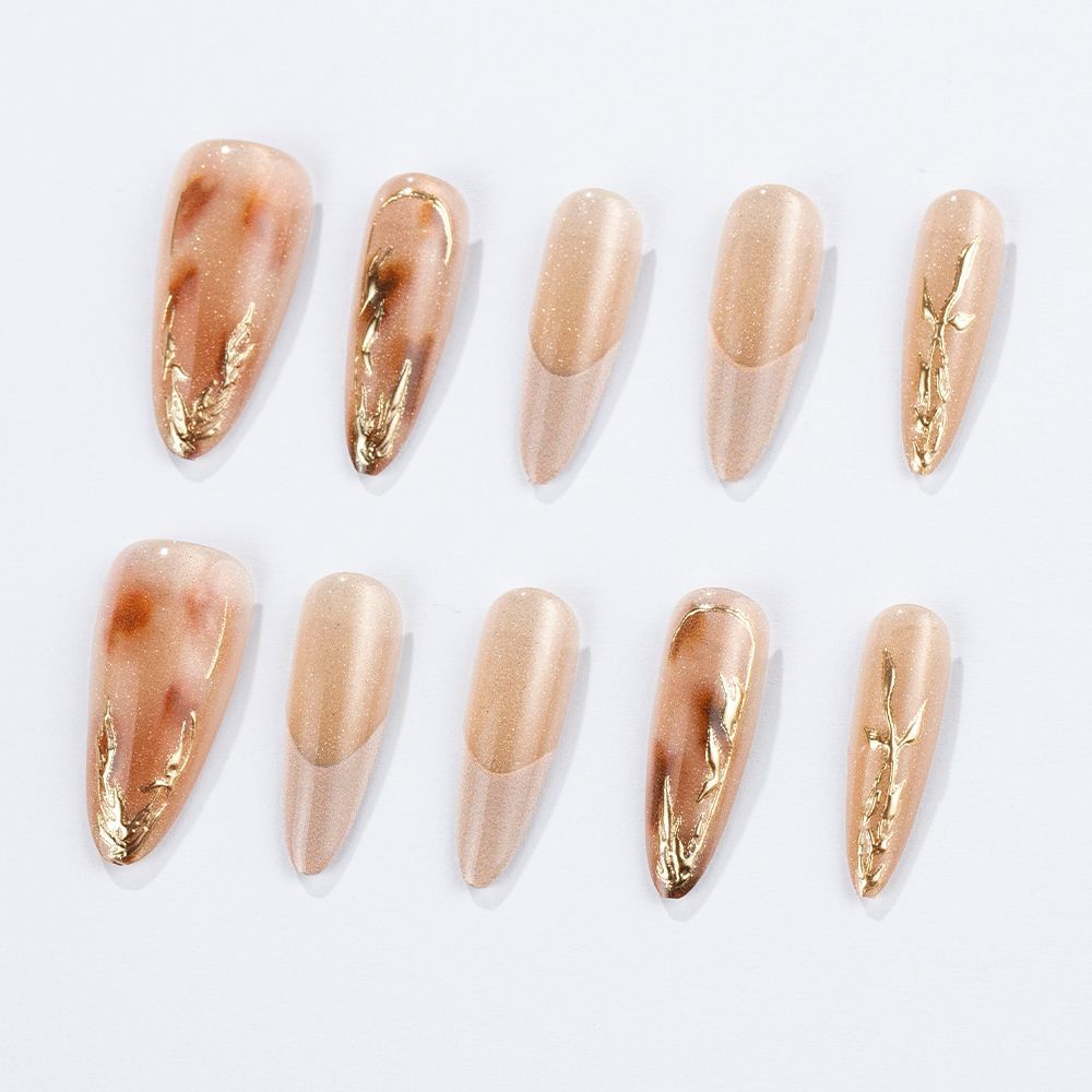 Elegant Stiletto Press-On Nail Set with Gold Accents Acalora