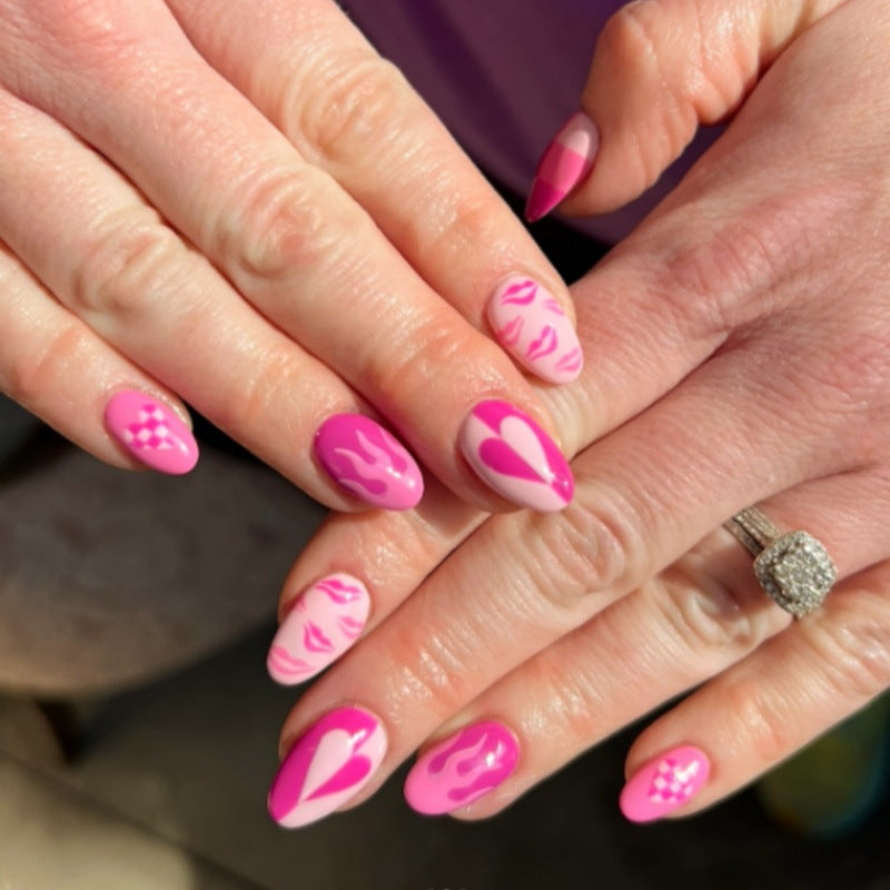Artistic Press-On Nail Set with Heart and Flame Design Acalora