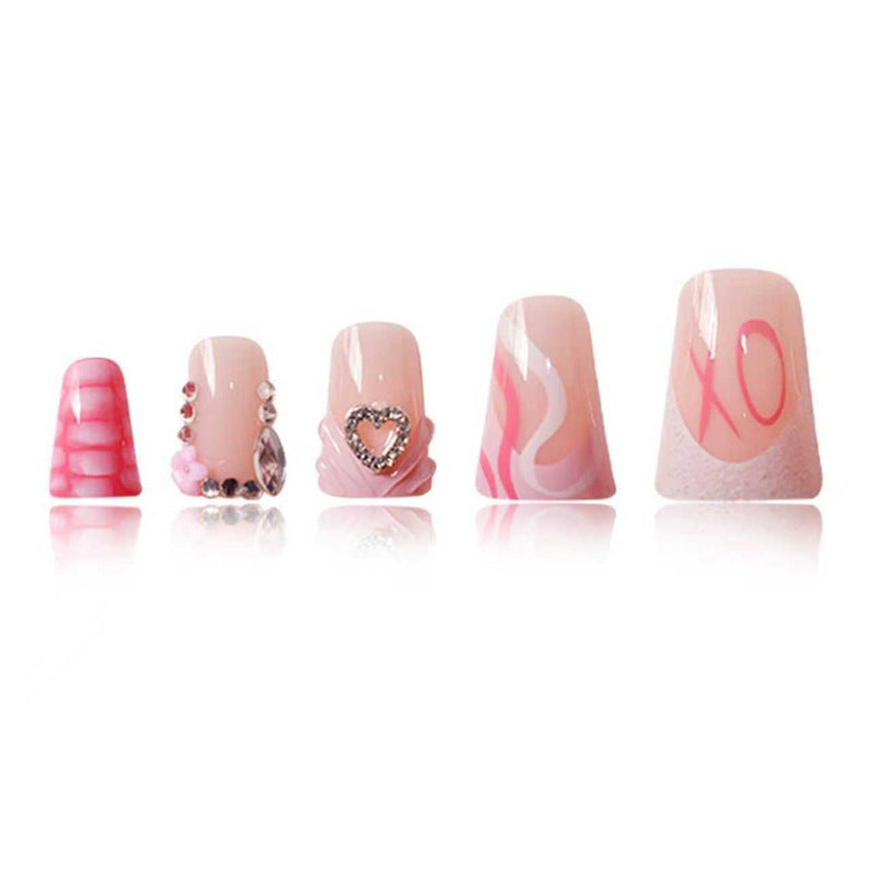 Decorative Press-On Nail Design with Heart and Gem Accents Acalora