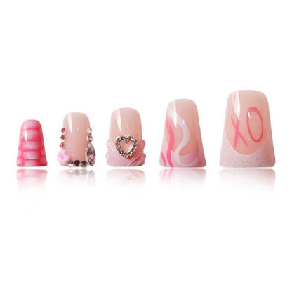 Decorative Press-On Nail Design with Heart and Gem Accents Acalora