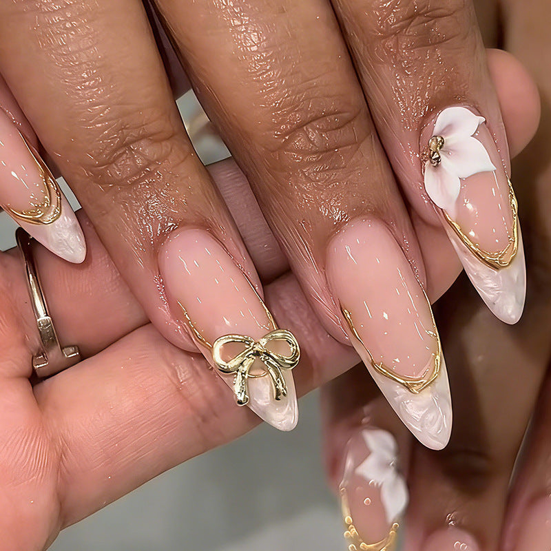 Elegant Press-On Nail Art Set with Decorative Bow Accents Acalora