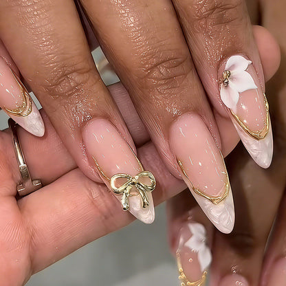 Elegant Press-On Nail Art Set with Decorative Bow Accents Acalora