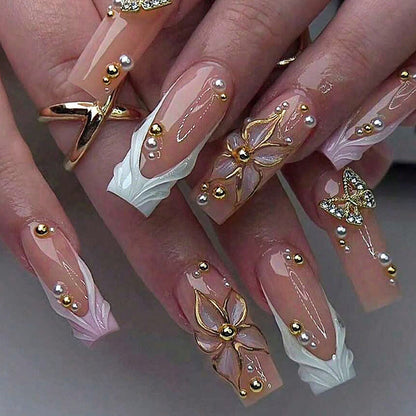 Decorative Press-On Nail Set with Floral Designs Acalora