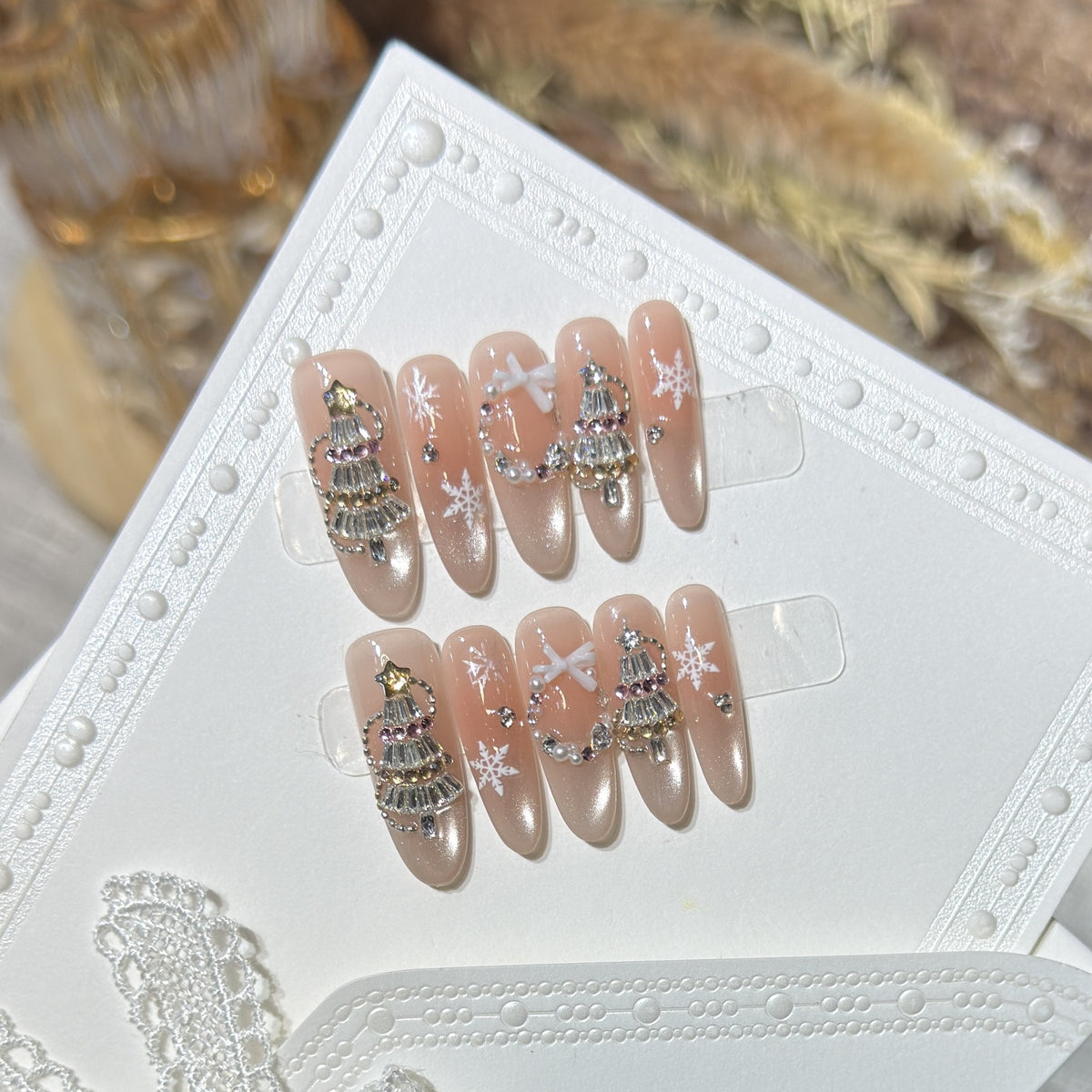 Decorative Stiletto Press-On Nail Art Set with Snowflake and Gemstone Accents Acalora