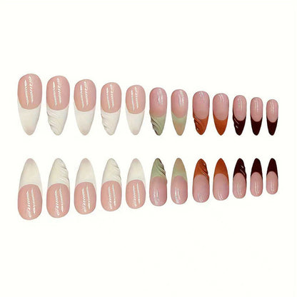 Artistic French Tip Press-On Nails with Curved Design Acalora