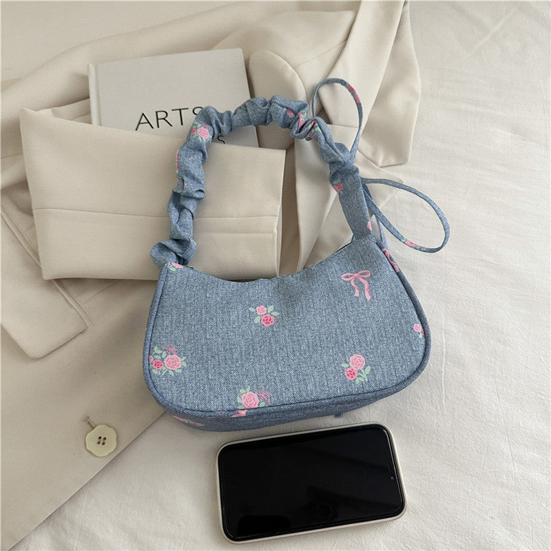 Embroidered Denim Shoulder Bag Acalora