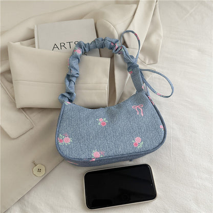 Embroidered Denim Shoulder Bag Acalora
