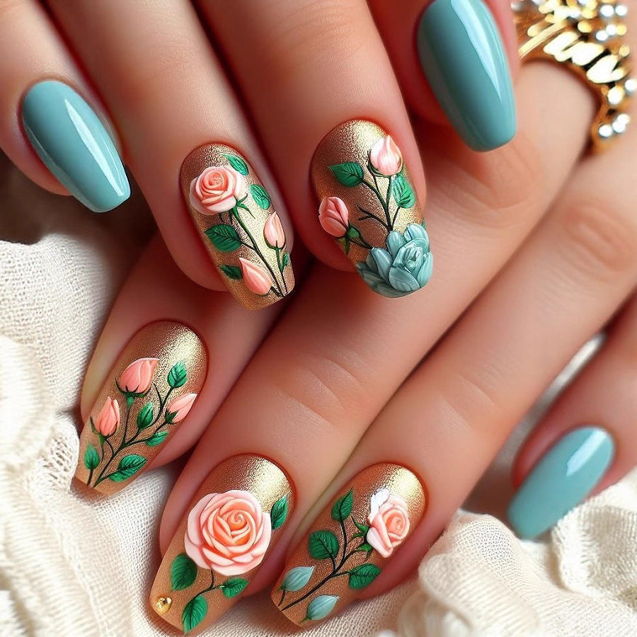 Artificial nails with floral 3D rose decor Acalora