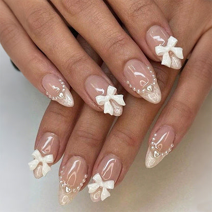 Decorative Press-On Nail Art Set with Elegant Bow and Pearl Accents Acalora