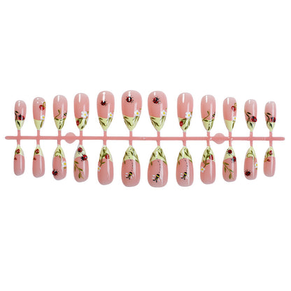 Floral Print Press-On Nails Set with Ladybug and Bee Designs Acalora