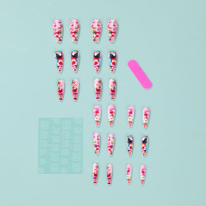Exquisite Artificial Nails with Colorful Flower and Parrot Design Acalora