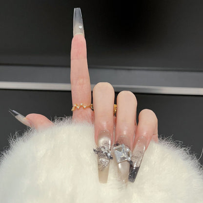 Artistic Press-On Nail Set with Unique Lace and Gemstone Accents Acalora