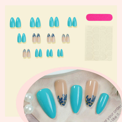 Artistic Press-On Nail Set with Floral and Leaf Designs Acalora