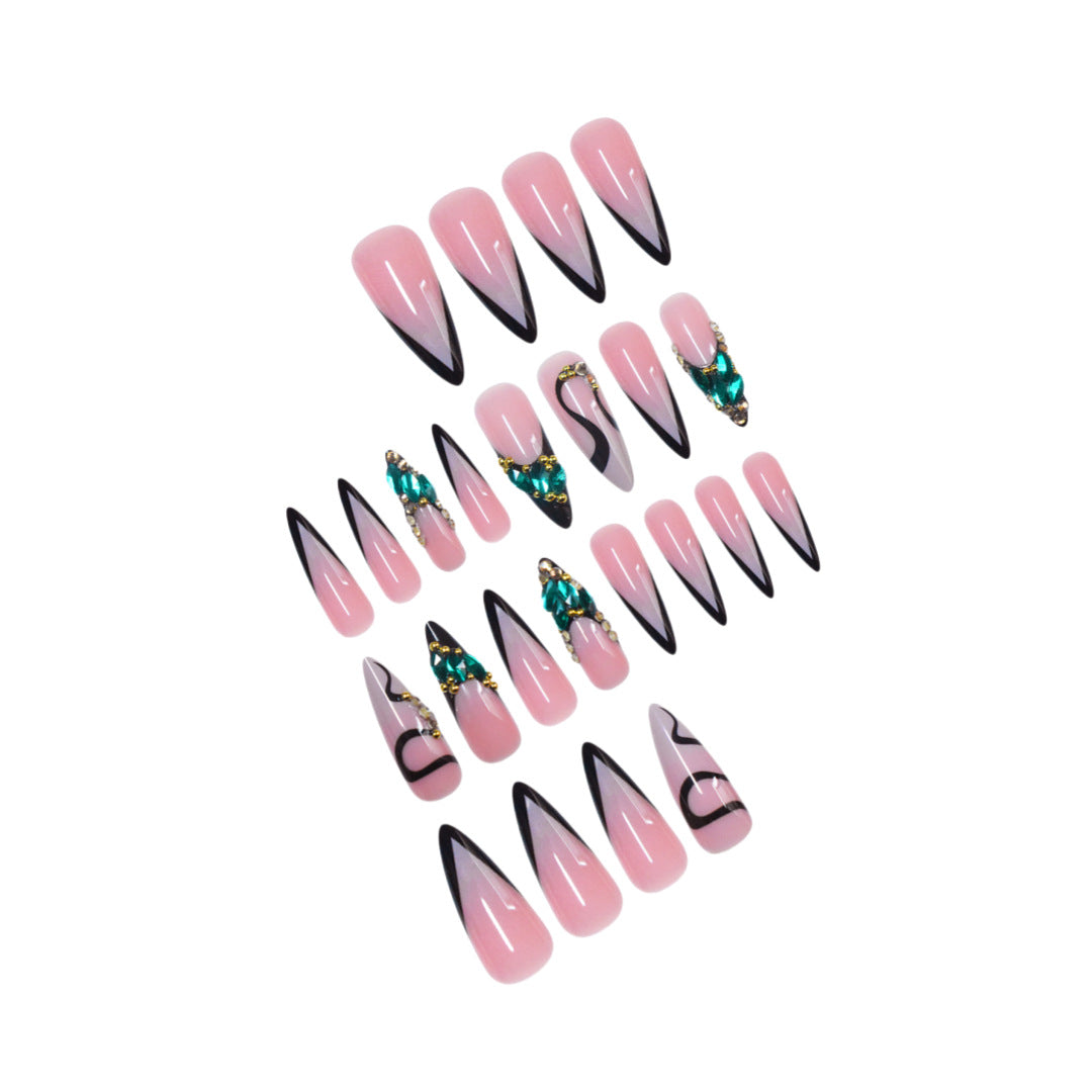 Artistic Stiletto Press-On Nail Art with Gemstone Accents Acalora