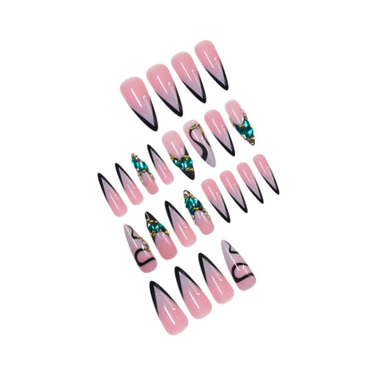 Artistic Stiletto Press-On Nail Art with Gemstone Accents Acalora