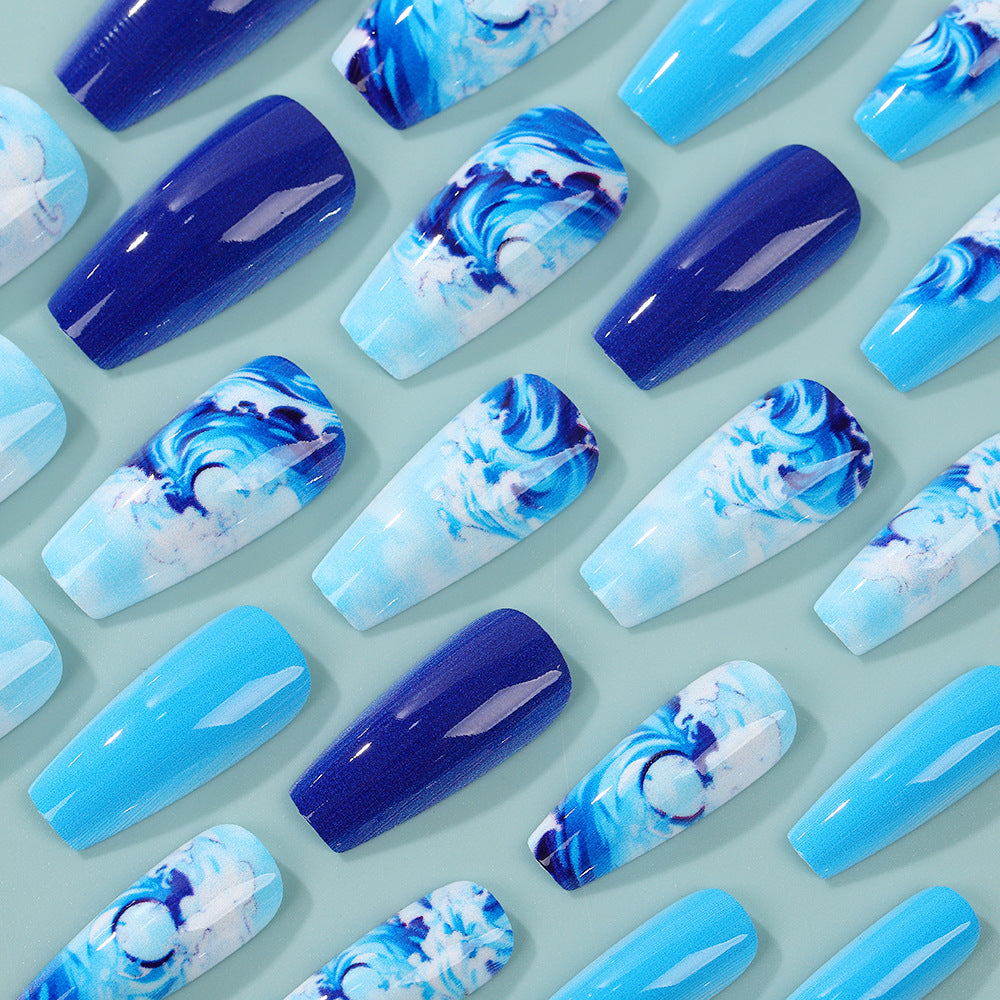 Artificial Nail Set with Maritime Wave Designs Acalora