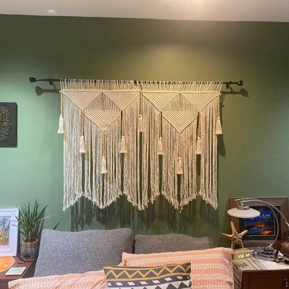 Elegant Macrame Wall Hanging with ornate fringes and leaves