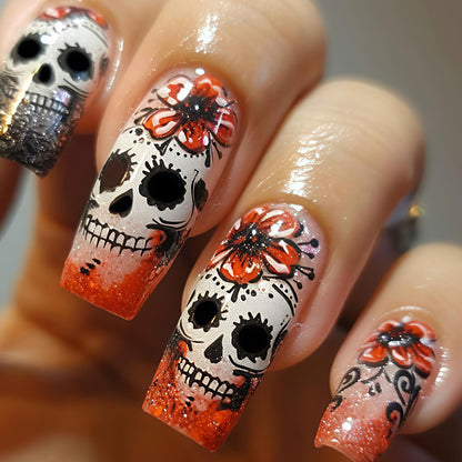 Artistic Skull and Flower Themed Nail Art Acalora