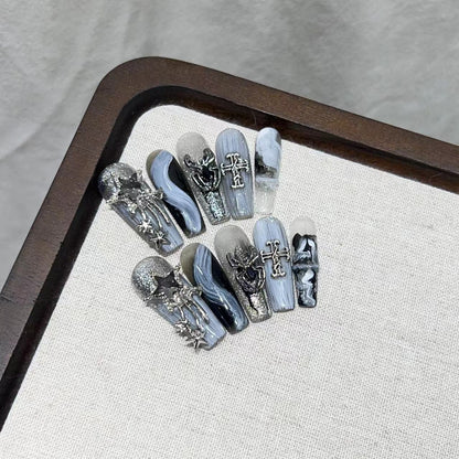Glamorous Press-On Nail Art Set with Decorative Metallic Elements Acalora