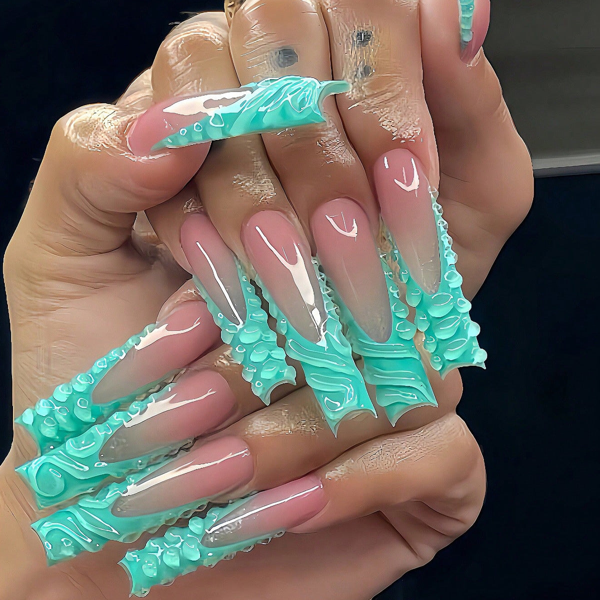 Artistic Long Press-On Nail Art Set with Textured Design Acalora
