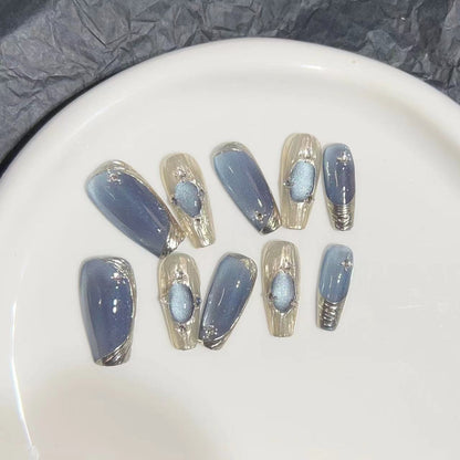 Elegant Press-On Nail Set with Artistic Metallic Design Acalora