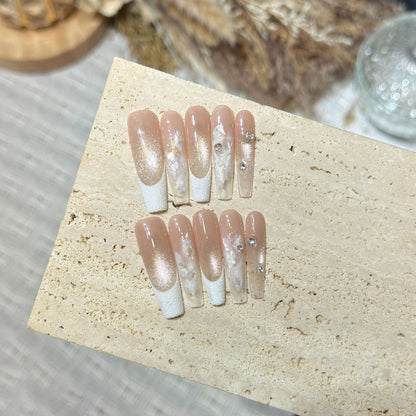 Elegant Press-On Nail Set with Floral and Gemstone Accents Acalora