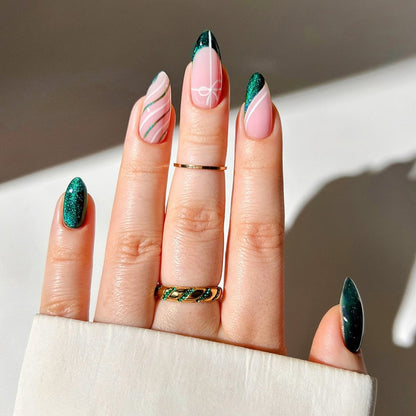 Decorative Press-On Nail Set with Glitter and Striped Design Acalora