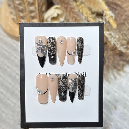 Artistic Stiletto Press-On Nail Set with Floral Accent Acalora