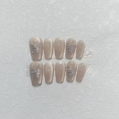 Stylish Press-On Nail Art Set with Elegant Butterfly and Gem Accents Acalora